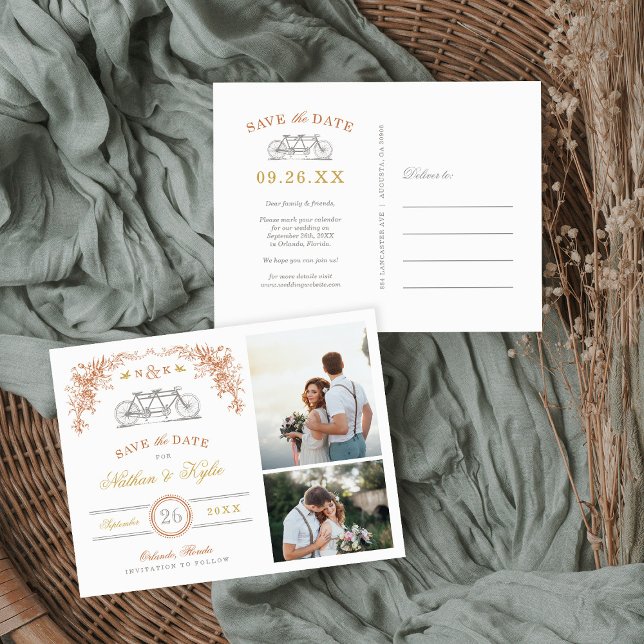 Rust and Honey Bicycle 2 Foto Save the Date Ankündigungspostkarte (Von Creator hochgeladen)