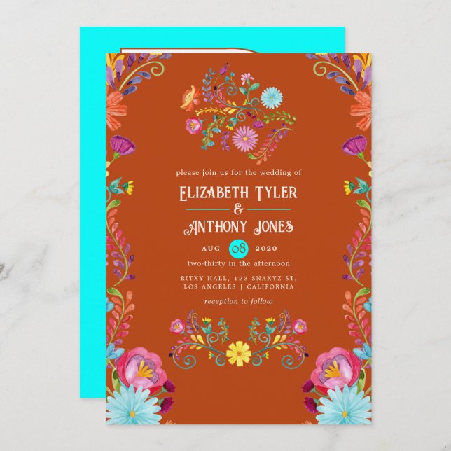 Rust & Aqua Floral Mexican Fiesta Wedding Einladung (Vorne/Hinten)