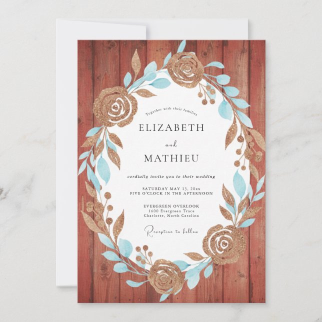 Rust-Aqua-Kranz-Hochzeit Einladung (Vorderseite)