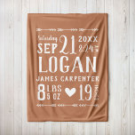 Rust Baby Boy Birth Stats Keepake Fleecedecke<br><div class="desc">Moderne rustikale Fleece Babydecke personalisiert mit dem Namen Ihres Babys, Geburtstag, Geburtsdaten oder anderen Sondertexten. Klicken Sie auf die Schaltfläche Anpassen Es, um eine beliebige Hintergrundfarbe auszuwählen, Schriftart anzupassen, Ihren eigenen Text und Ihre eigenen Fotos hinzuzufügen, um Ihr eigenes einzigartiges Design zu erstellen! Ein wunderbares Geschenk für neue Eltern oder...</div>