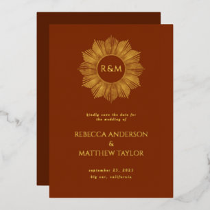 Rust Boho Celestial Sun Monogram Hochzeitstermin Folieneinladung