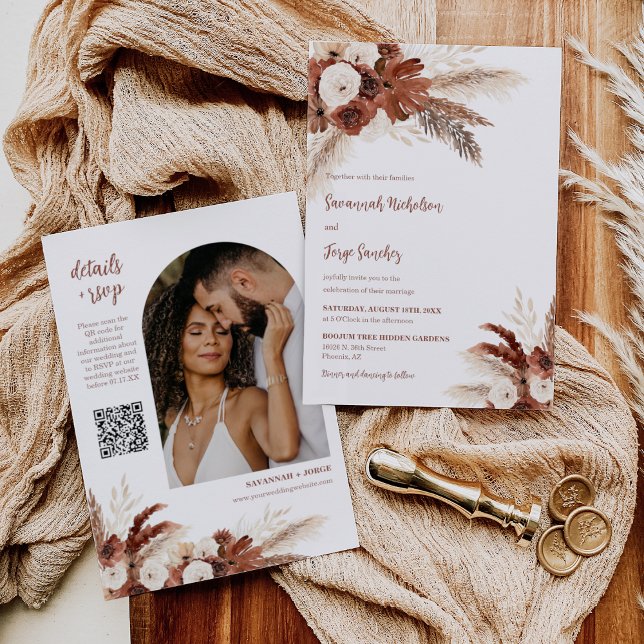 Rust Boho Pampas Grass Arch Foto QR Code Hochzeit Einladung (Von Creator hochgeladen)