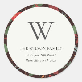 Rust Brown Berry Christmas Flora Monogram-Adresse Runder Aufkleber