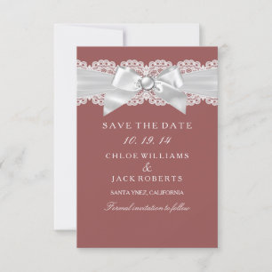Rust Brown Damask & Pearl Bow Save the Date