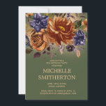 Rust Burnt Orange Blue Floral Green 50. Geburtstag Einladung<br><div class="desc">Elegante und stilvolle 50. Geburtstagsfeier für Frauen mit Rost/Bronze-Orange und Marineblau-Blume und Grünpflanzen auf Jägergrünem Hintergrund. Kontaktieren Sie mich für Hilfe bei der Anpassung oder für die Abstimmung oder Koordination von Zazzle Produkten.</div>