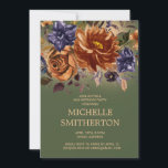 Rust Burnt Orange Blue Floral Green 60. Geburtstag Einladung<br><div class="desc">Elegante und stilvolle 60. Geburtstagsfeier für Frauen mit Rost/Bronze-Orange und Marineblau-Blume und Grünpflanzen auf Jägergrünem Hintergrund. Kontaktieren Sie mich für Hilfe bei der Anpassung oder für die Abstimmung oder Koordination von Zazzle Produkten.</div>
