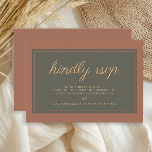 Rust Burnt Orange Olive Green Kindly UAWG RSVP Karte (Terracotta/burnt orange and dark olive/sage green wedding RSVP card)