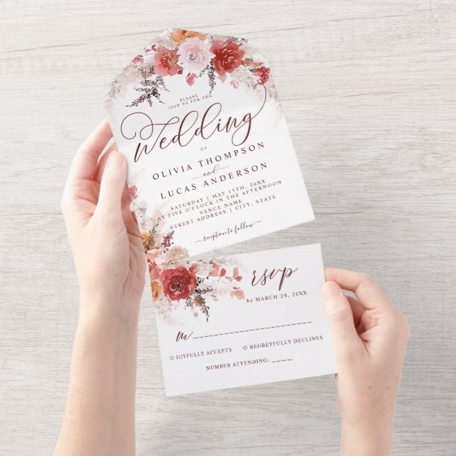 Rust Burnt Orange Terracotta BOHO Wedding RSVP All In One Einladung (Abreißen)