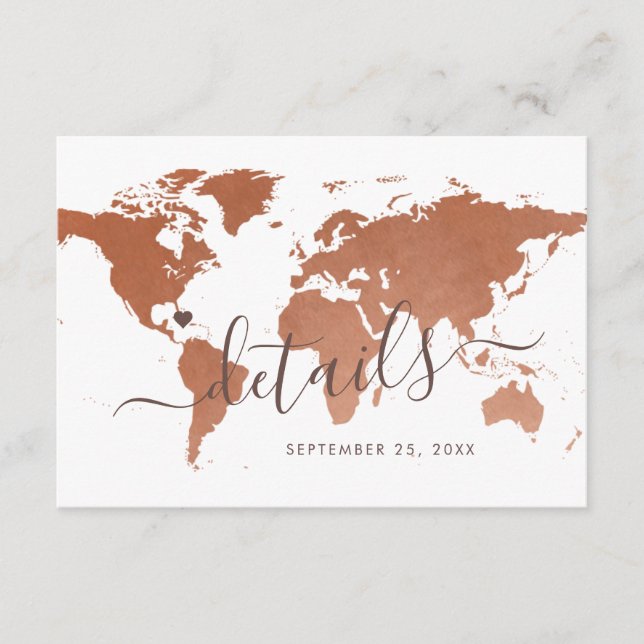 Rust Copper World Map Hotel Information Begleitkarte (Vorderseite)