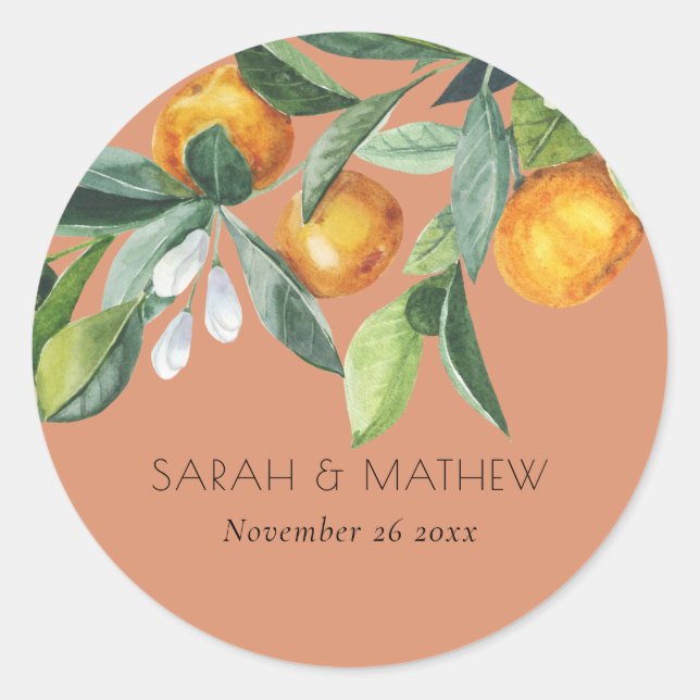 Rust Elegant Citrus Orange Botanical Boho Wedding Runder Aufkleber (Vorderseite)