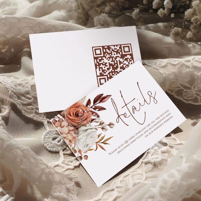 Rust Florals Brown Script QR Code Wedding Details Begleitkarte (front and back view)