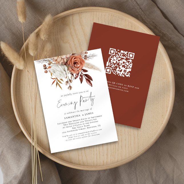 Rust Florals QR Code Wedding Abend Party Einladung (Front and back view)
