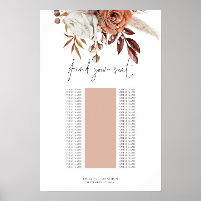 Rust Florals Single Table Wedding Seating Chart Poster (Vorne)