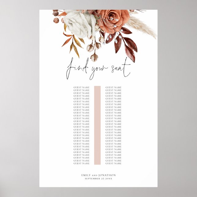 Rust Florals Single Table Wedding Seating Chart Poster (Vorne)