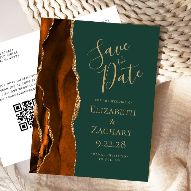Rust Gold Agate Dark Green QR Code Save the Date Ankündigungspostkarte (Von Creator hochgeladen)