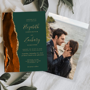 Rust Gold Agate Foto Dark Green Wedding Einladung