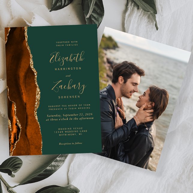 Rust Gold Agate Foto Dark Green Wedding Einladung (Von Creator hochgeladen)