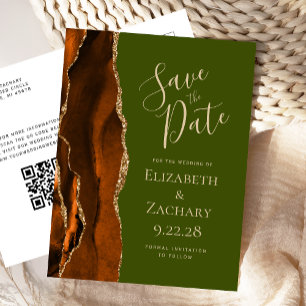Rust Gold Agate Olive Green QR Save the Date Ankündigungspostkarte