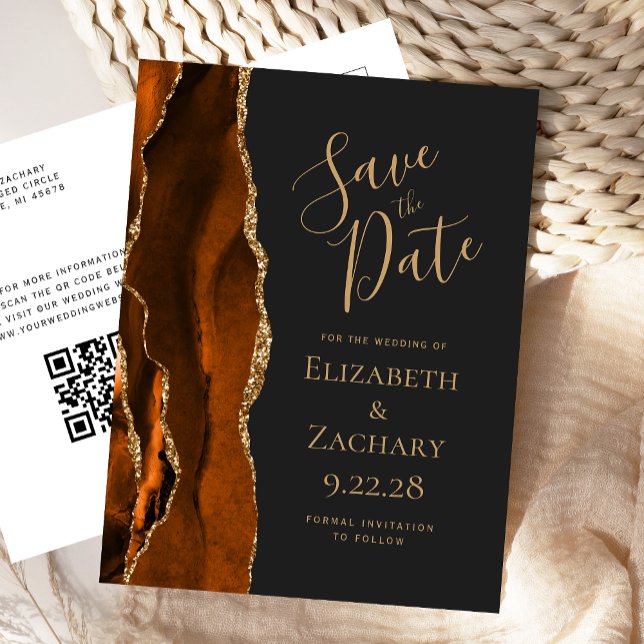 Rust Gold Agate Slate Black QR Code Save the Date Ankündigungspostkarte (Von Creator hochgeladen)