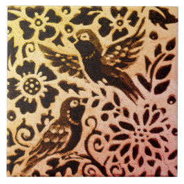 Rust Gold Brown Bird Floral Herbst Leaves Batik Fliese