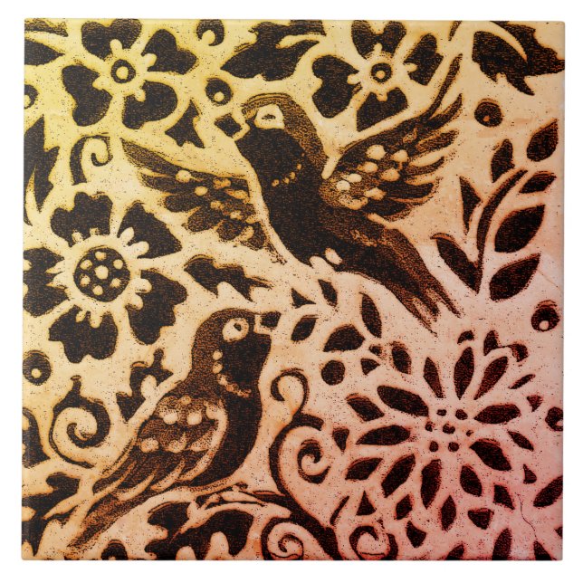 Rust Gold Brown Bird Floral Herbst Leaves Batik Fliese (Vorderseite)