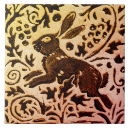 Rust Gold Brown Rabbit Floral Herbst Blätter Batik Fliese