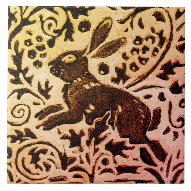 Rust Gold Brown Rabbit Floral Herbst Blätter Batik Fliese (Vorderseite)