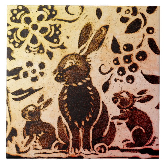 Rust Gold Brown Rabbit Floral Herbst Blätter Batik Fliese (Vorderseite)