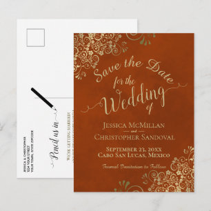 Rust & Gold Chic Calligrafy Wedding Save the Date Ankündigungspostkarte