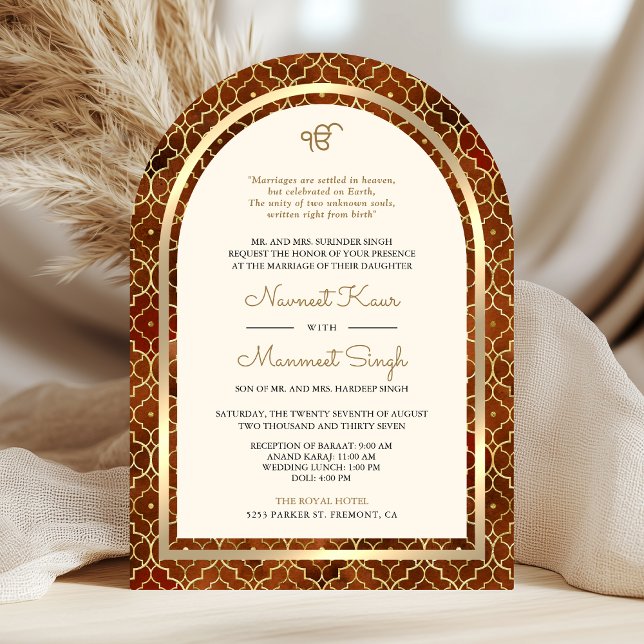 Rust Gold marokkanischen QR Code Sikh Arch Wedding Einladung (Von Creator hochgeladen)