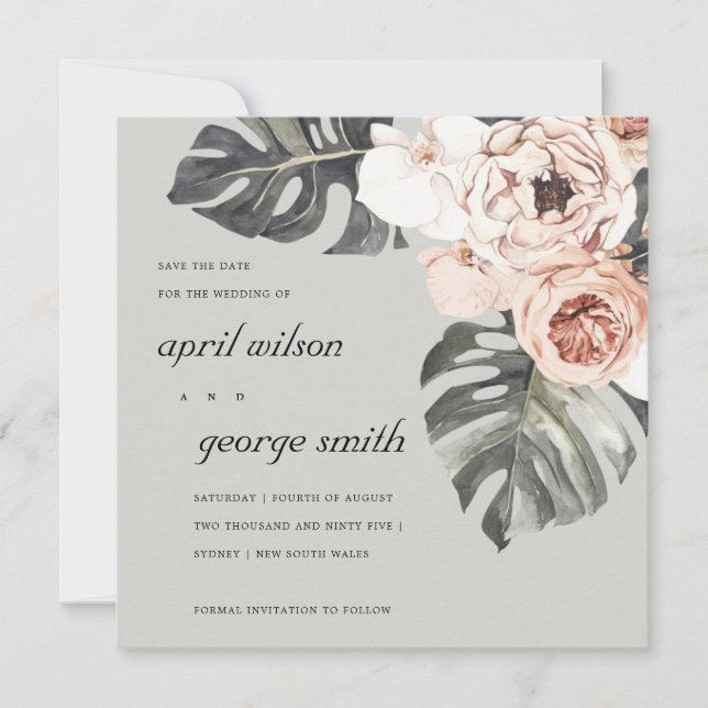 RUST GRAY MOSTRERA FLORAL SAVE THE DATE CARD DANKESKARTE (Vorderseite)