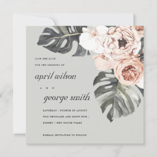 RUST GRAY MOSTRERA FLORAL SAVE THE DATE CARD DANKESKARTE