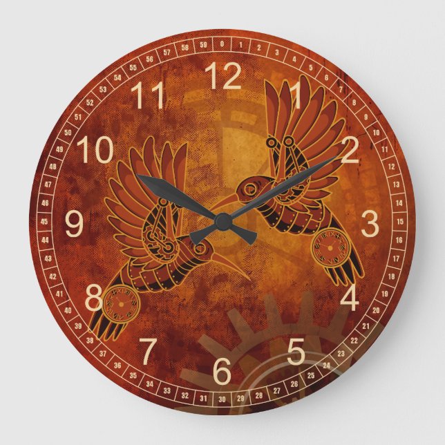 Rust Hummingbirds Steampunk Wall Clock Große Wanduhr (Vorderseite)