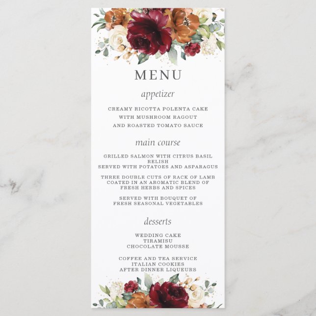 Rust Ivory Burgundy Floral Wedding Menu Programm (Vorderseite)