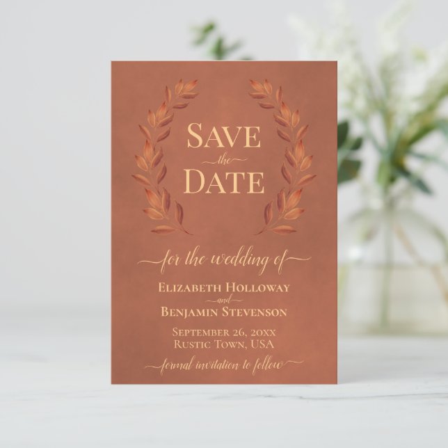 Rust Laurel Verlasse Elegante Terracotta Wedding Save The Date (Stehend Vorderseite)