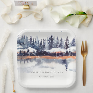 Rust Navy Winter Pine Forest Snow Brautparty Pappteller