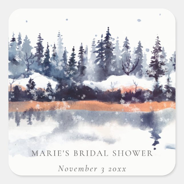 Rust Navy Winter Pine Forest Snow Brautparty Quadratischer Aufkleber (Vorderseite)