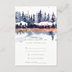 Rust Navy Winter Pine Forest Snow Wedding RSVP Begleitkarte