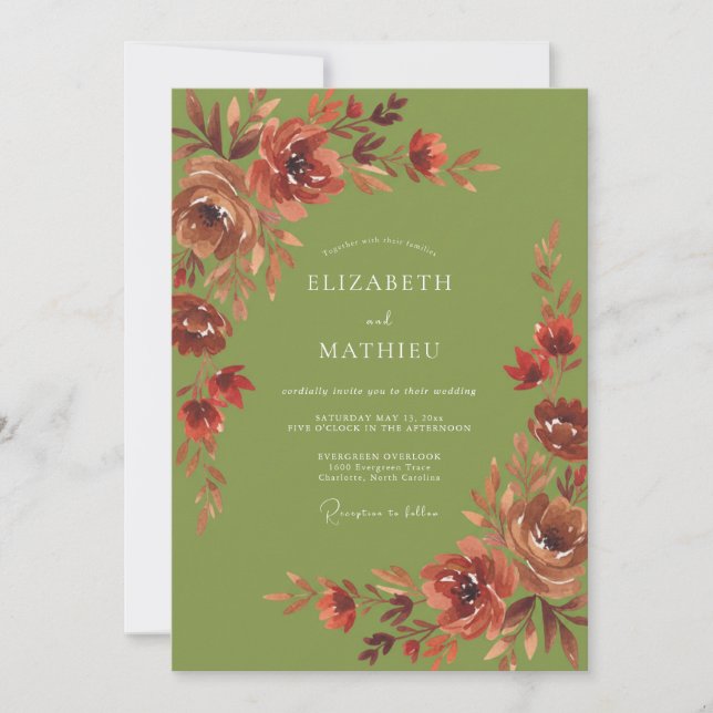 Rust Olive Wildblumen-Hochzeit Einladung (Vorderseite)
