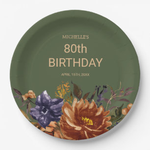 Rust Orange Blue Floral Green Geburtstag Pappteller