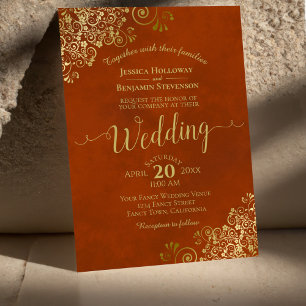 Rust Orange Elegant Gold Curls Calligrafy Wedding Einladung