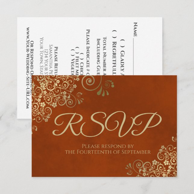 Rust Orange & Elegante Gold Lace Frilly Wedding RSVP Karte (Vorne/Hinten)