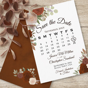 Rust Orange Floral Elegant Boho Wedding Calendar Save The Date