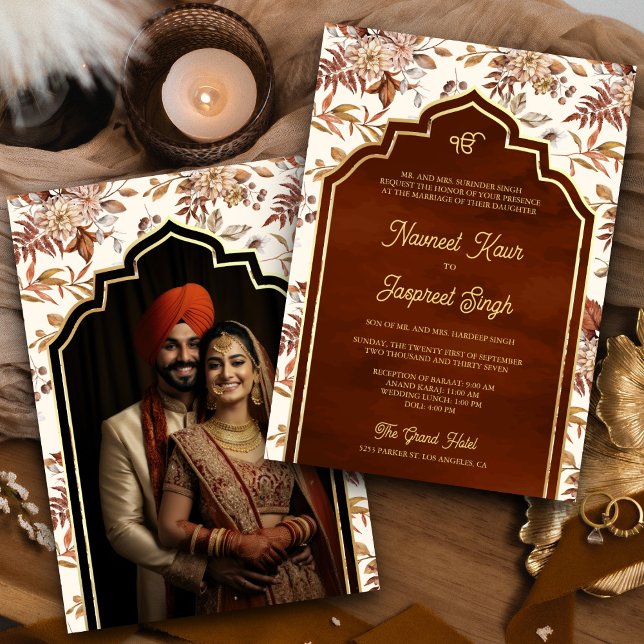 Rust Orange Floral Foto Anand Karaj Sikh Wedding Einladung (Von Creator hochgeladen)