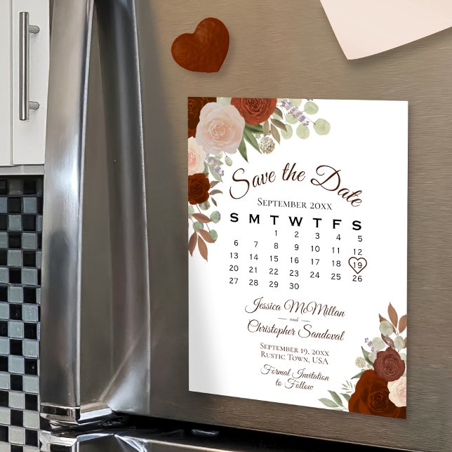 Rust Orange Floral Save the Date Calendar Magnet (Von Creator hochgeladen)