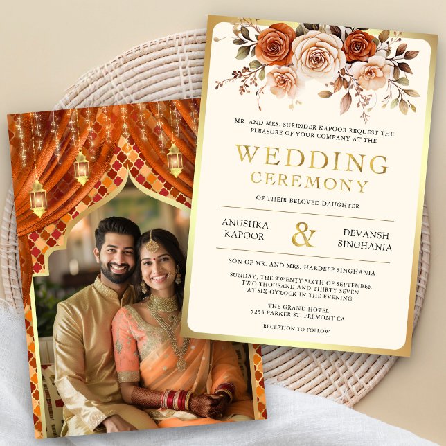 Rust Orange Gold Floral Indian Hindu Foto Wedding Einladung (Von Creator hochgeladen)