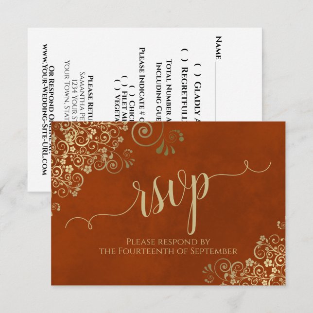 Rust Orange Gold Lace Elegante Calligrafy Wedding RSVP Karte (Vorne/Hinten)