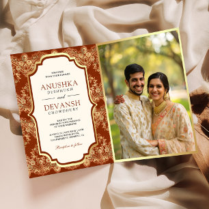 Rust Orange Gold Lace QR Code Foto Indian Wedding Einladung