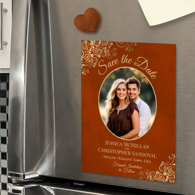 Rust Orange & Gold Wedding Save Date Oval Photo Magneteinladung (Magnetic Back for Easy Display!)