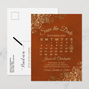 Rust Orange & Gold Wedding Speichern Sie den Datum Ankündigungspostkarte